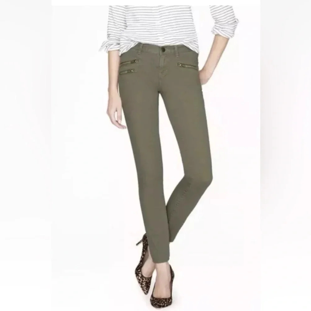 J. Crew Toothpick Moto‎ Zip Olive Green Ankle Jeans Womens Size 26 (1257)